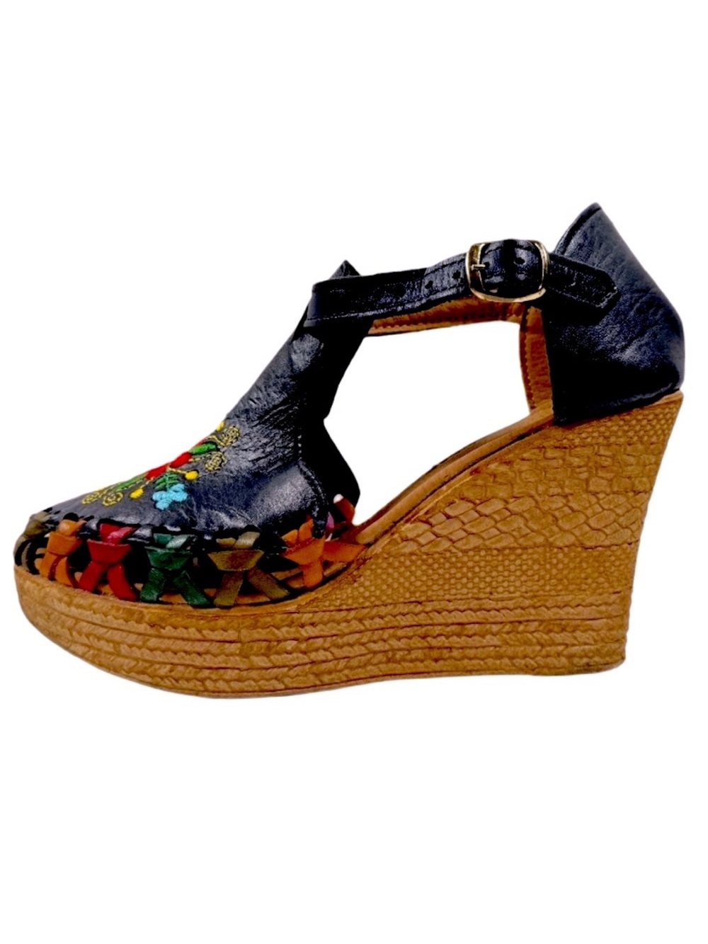 Handmade Mexican Embroidered Leather Platform Wedge Sandals Boho Festival Beach